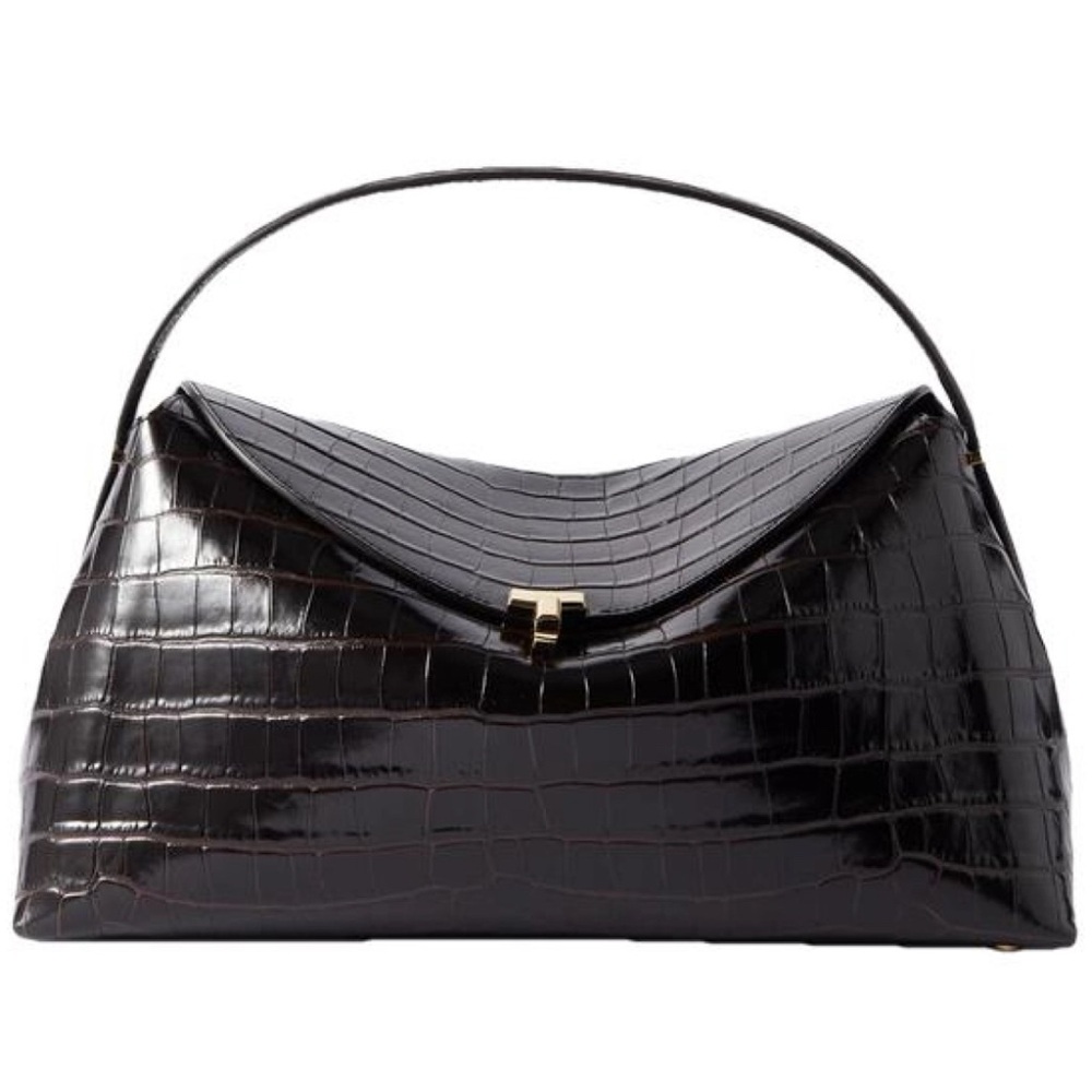 Toteme T-Lock Crocodile-Embossed Top Handle Bag, Dark Brown, original Tags